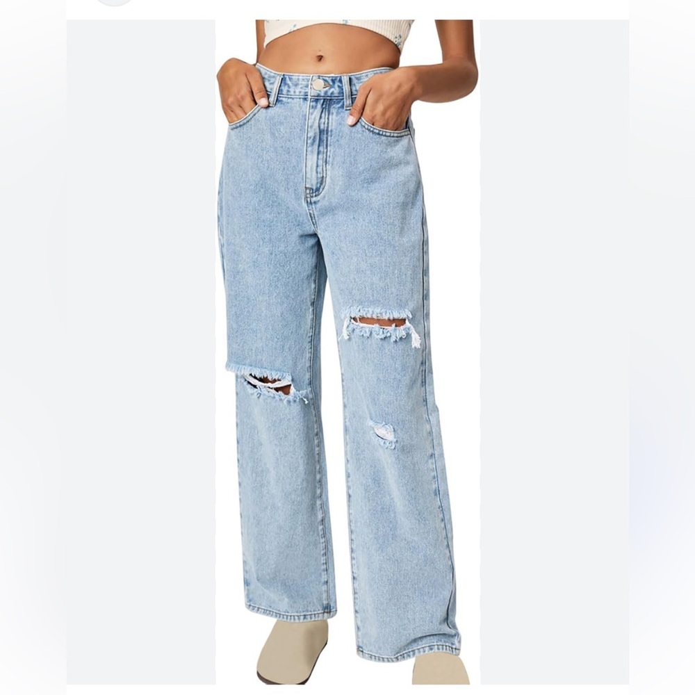 SHEIN Distressed Ripped High Waist Wide Leg Boyfriend Jeans Light Wash
